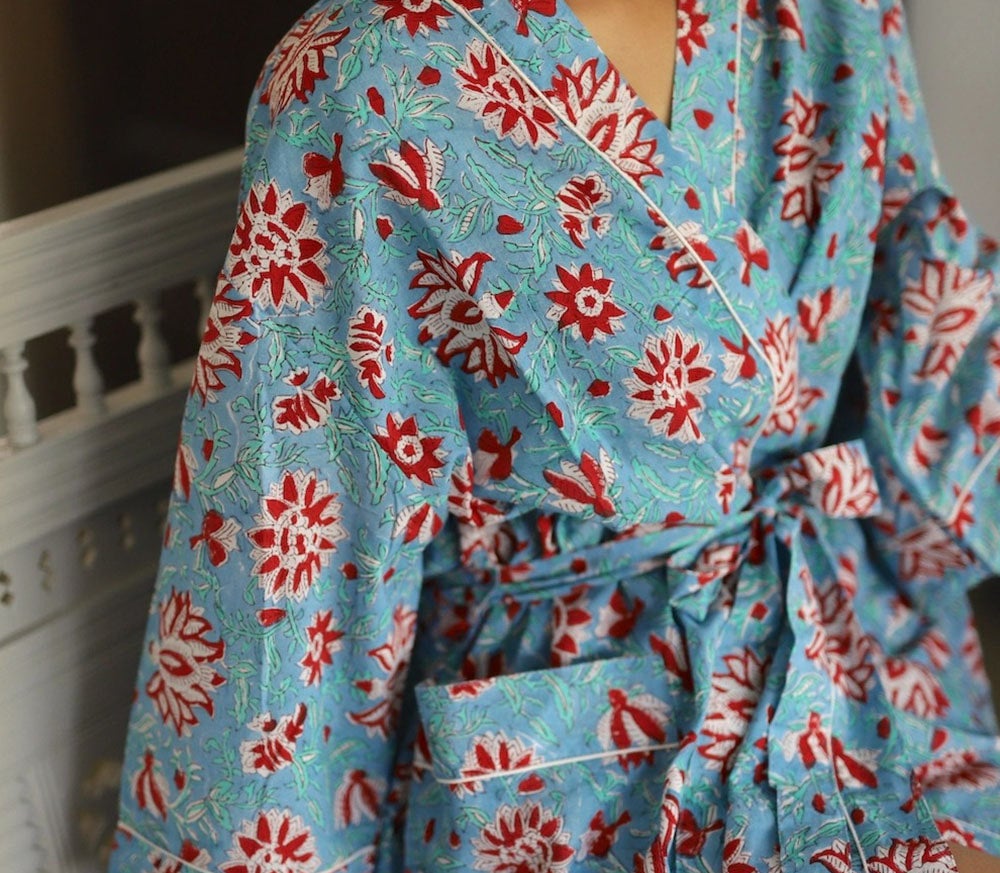 Cotton Dressing Gown - Navy/ Turquoise Chrysanthemum | Isabel Harris
